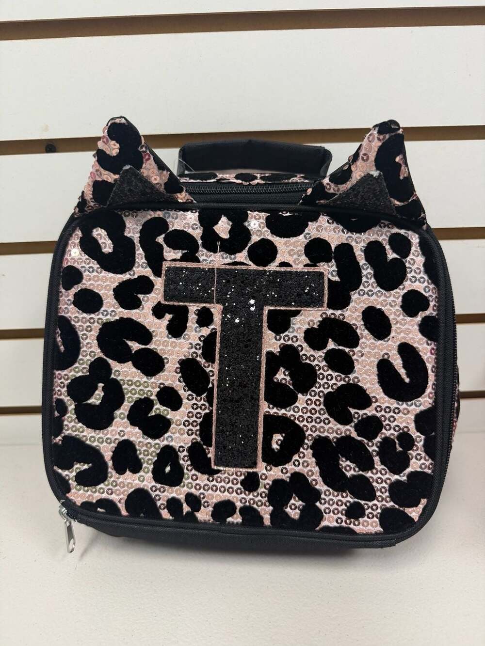 Justice Girls Leopard Print Sequin Lunch Bag with Initial T and Cat Ears NWT
